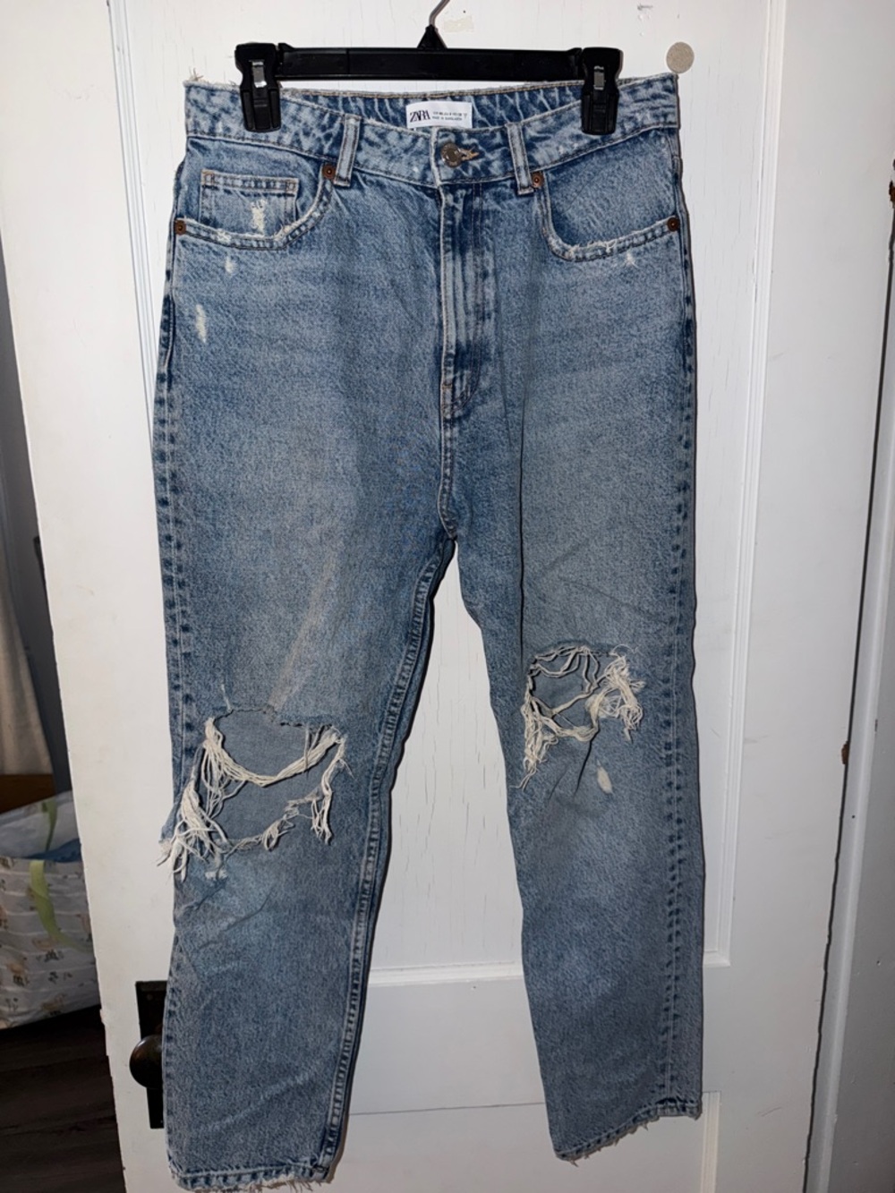 ZARA Light Blue Ripped High-Waist Mom Jeans